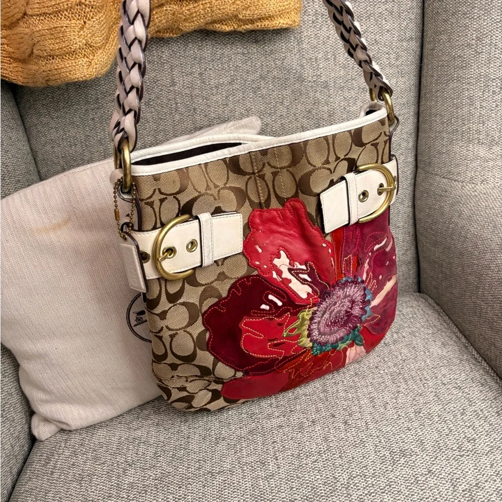 Coach Tan and Red Floral Shoulder Bag - Picture 5 of 8